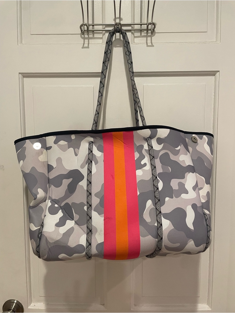 Gray Camo Tote Bag with Pink & Orange Stripes